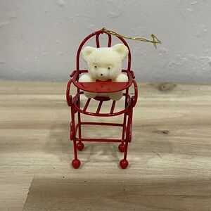 VINTAGE 1980'S FLOCKED TEDDY IN  RED METAL HIGH CHAIR ORNAMENT